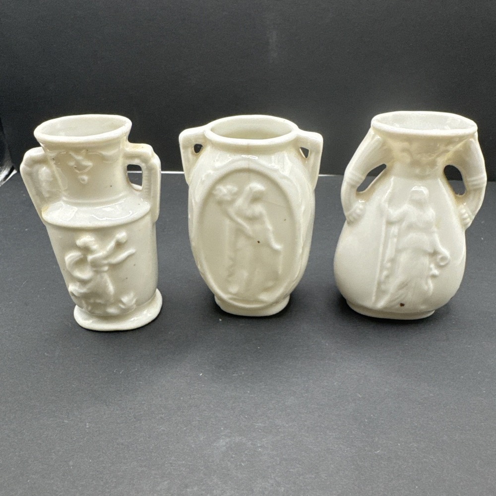 Three Occupied Japan Faux Jasperware decorated miniature handled urns porcelain